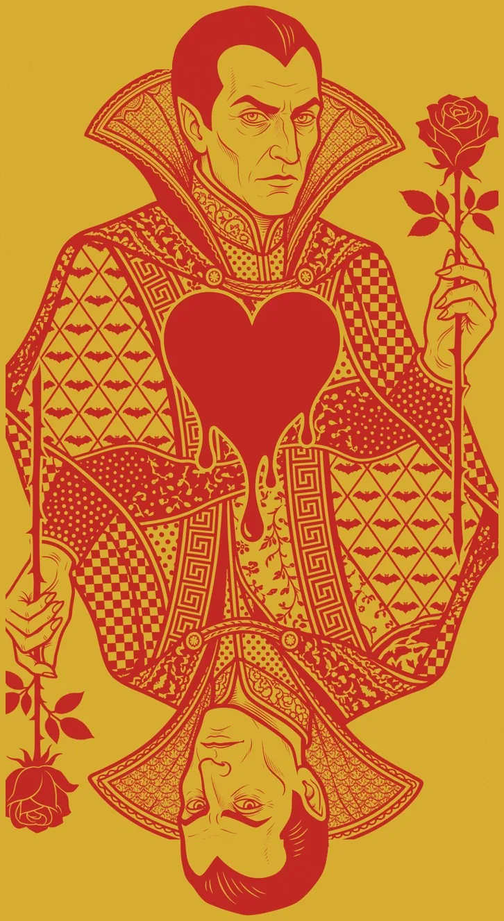 The 8 of Hearts: Dracula, holding a rose, with a bleeding heart at his chest