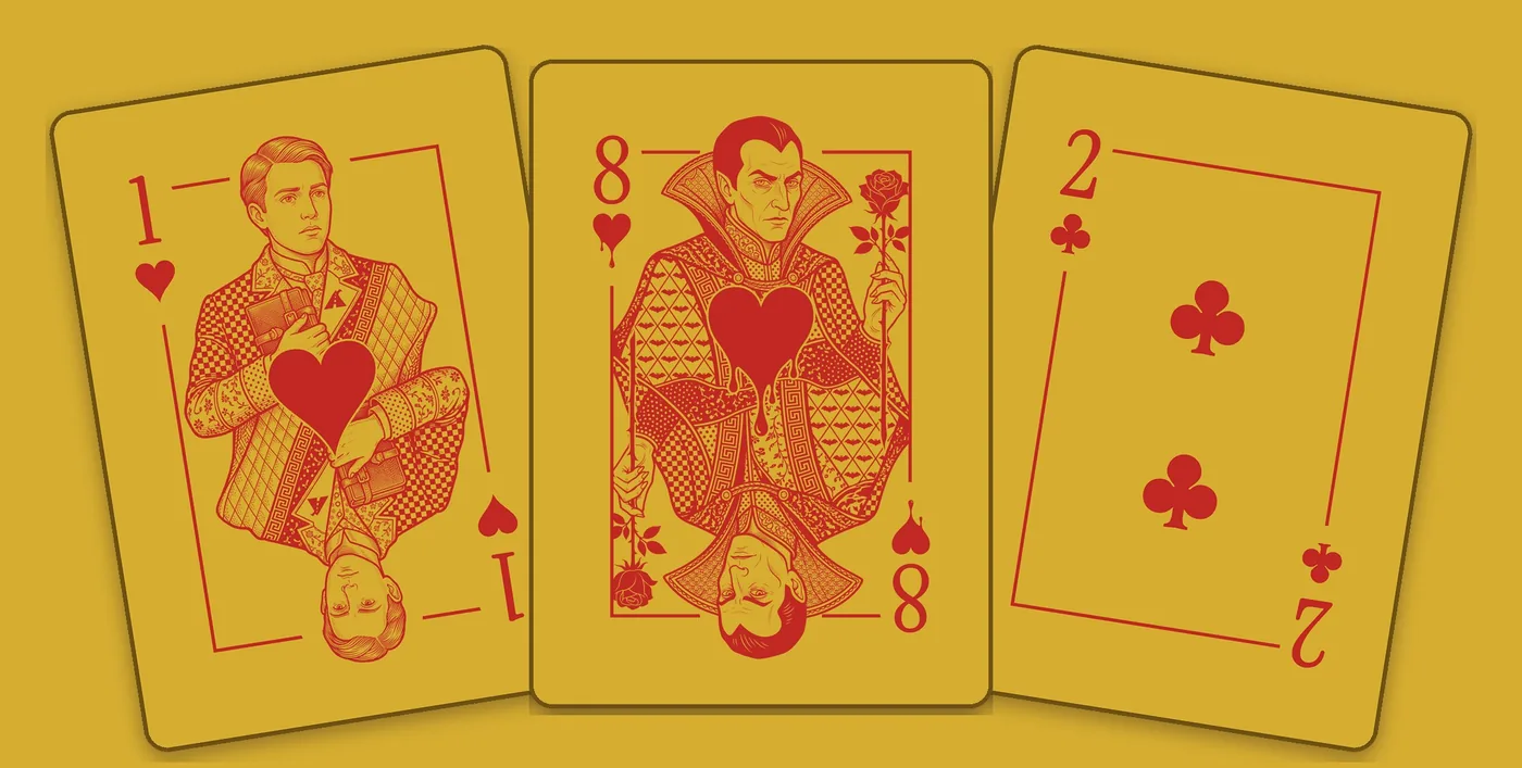 The 1, 8 and 2 of Hearts fanned out
